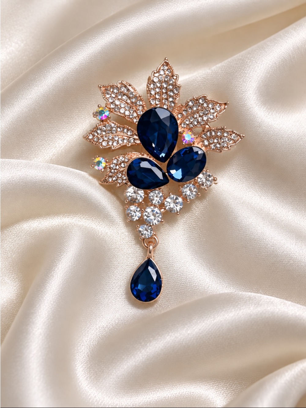 Rose Gold Navy Blue Crystal Rhinestone Floral Leaf Dangle Brooch